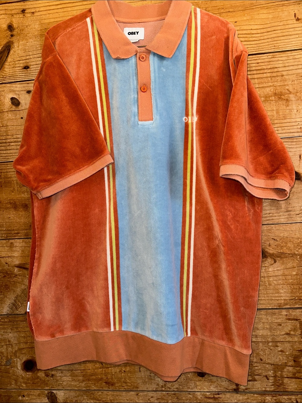 Obey Jenkins Orange & Light Blue Striped Velour Polo